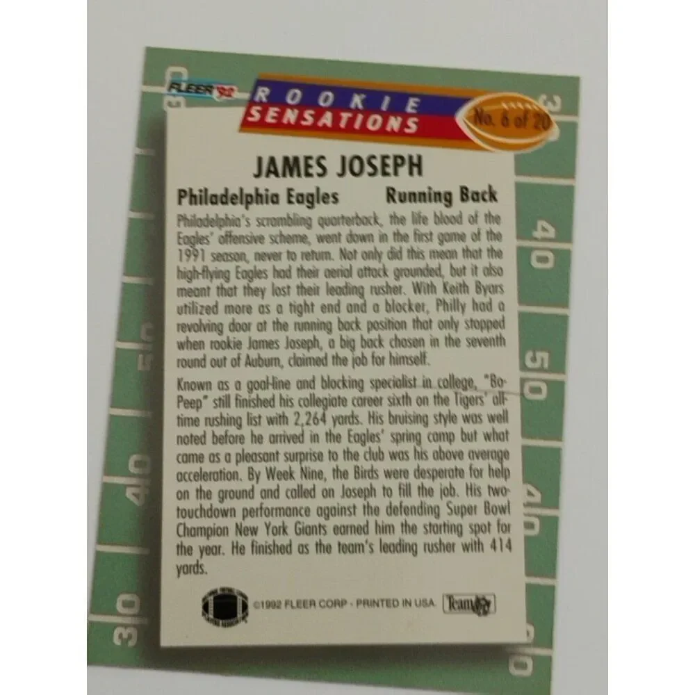 1992 NFL Fleer 'Rookie Sensations' | James Joseph | #6 | Philadelphia Eagles